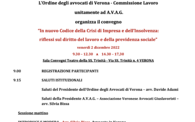 02/12/22, Verona: “Il nuovo Codice della Crisi di Impresa e dell’Insolvenza: riflessi sul diritto del lavoro e della previdenza sociale”